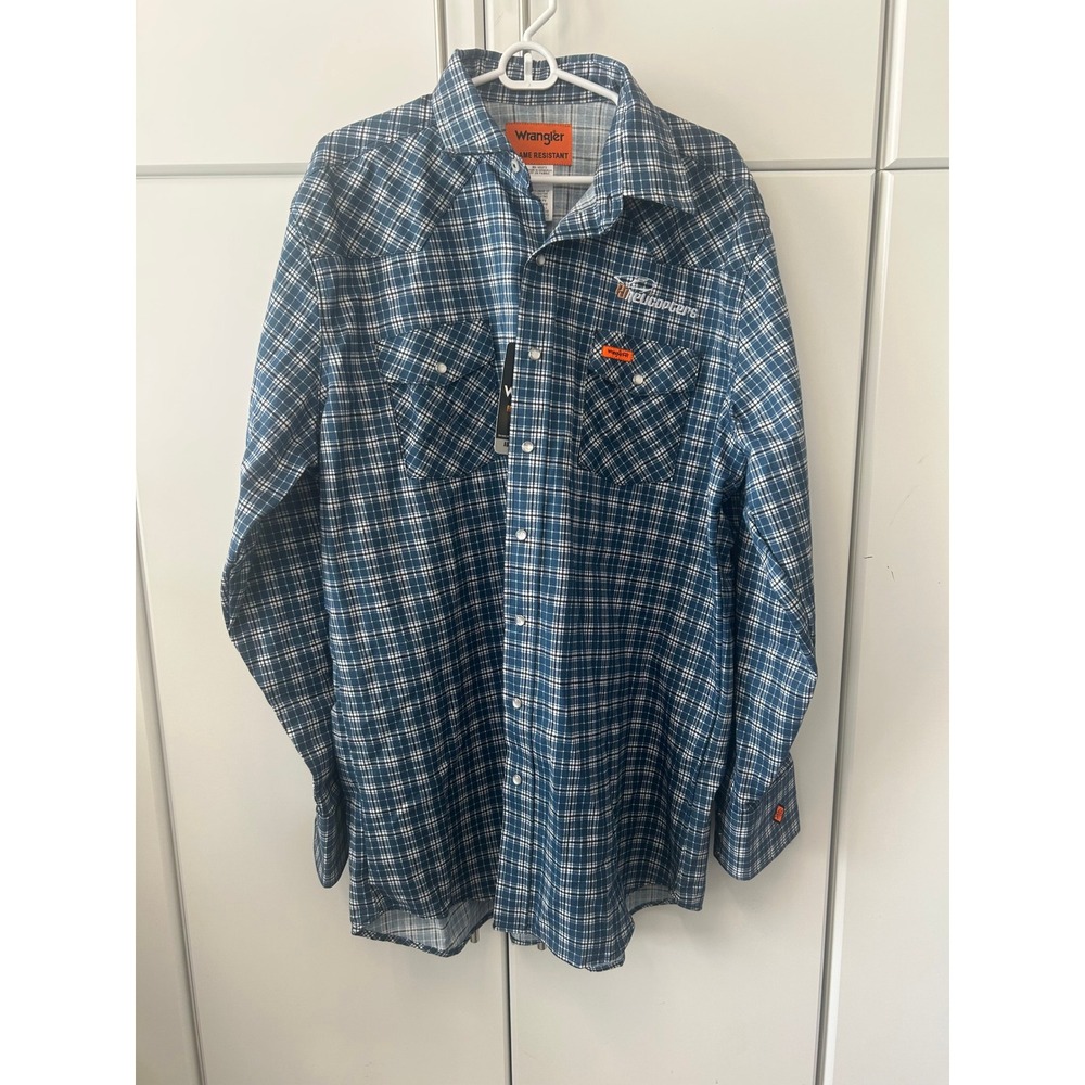 Wrangler FR Flame Resistant Plaid Pearl Snap Work Shirt Blue Mens XLT Tall CAT 2